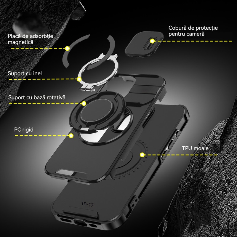 Husa de Protectie, Compatibila Apple iPhone 17, YSBER®, protectie camera, Rezistent la socuri, Rezistent la zgarieturi, Suport, Magnetica, Negru