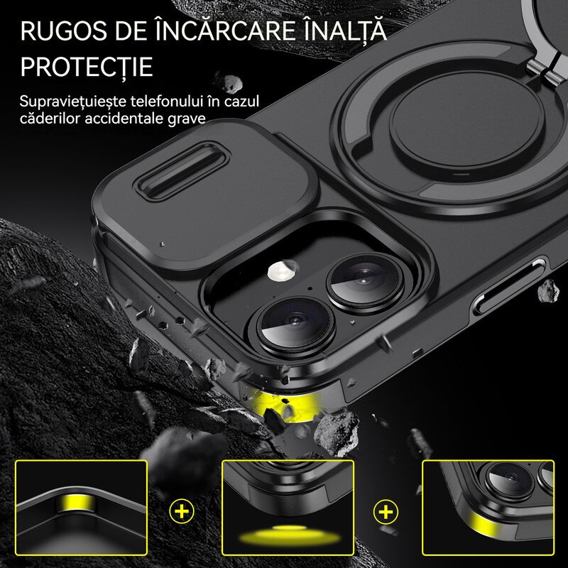 Husa de Protectie, Compatibila Apple iPhone 17, YSBER®, protectie camera, Rezistent la socuri, Rezistent la zgarieturi, Suport, Magnetica, Negru