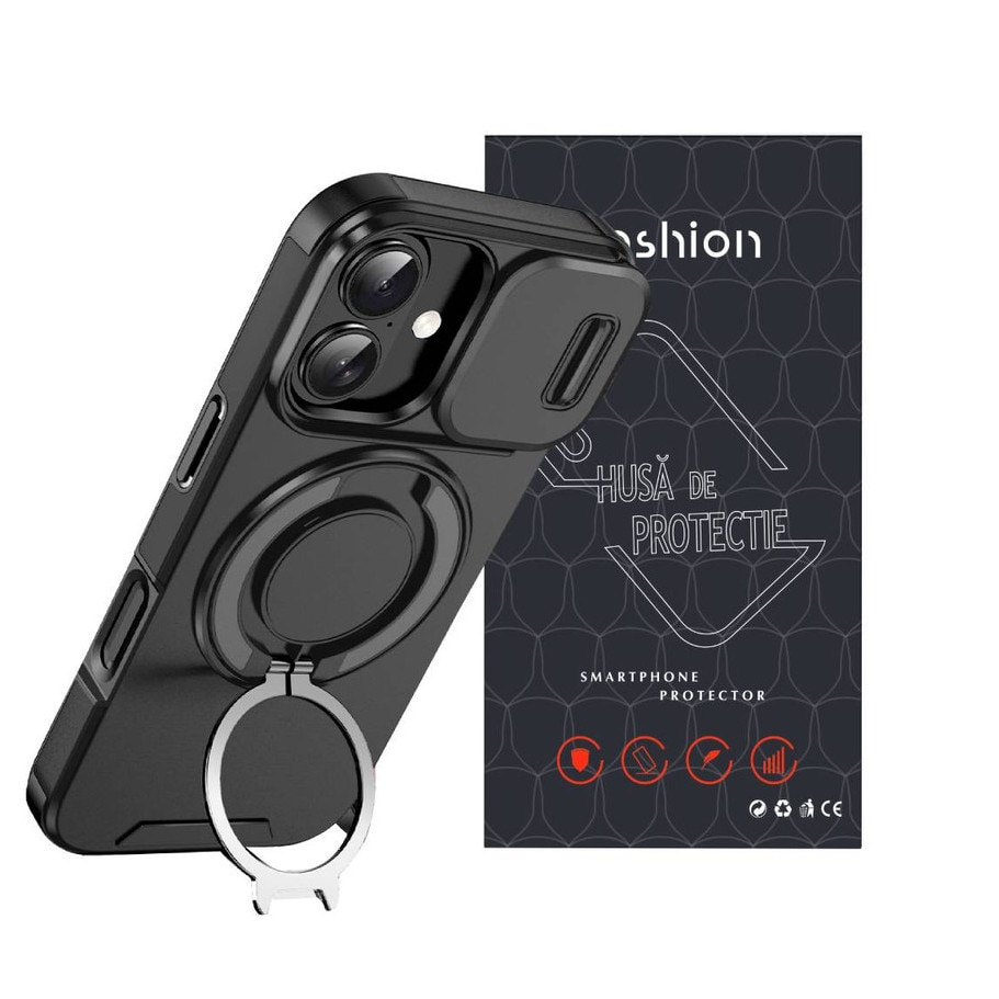 Husa de Protectie, Compatibila Apple iPhone 17, YSBER®, protectie camera, Rezistent la socuri, Rezistent la zgarieturi, Suport, Magnetica, Negru