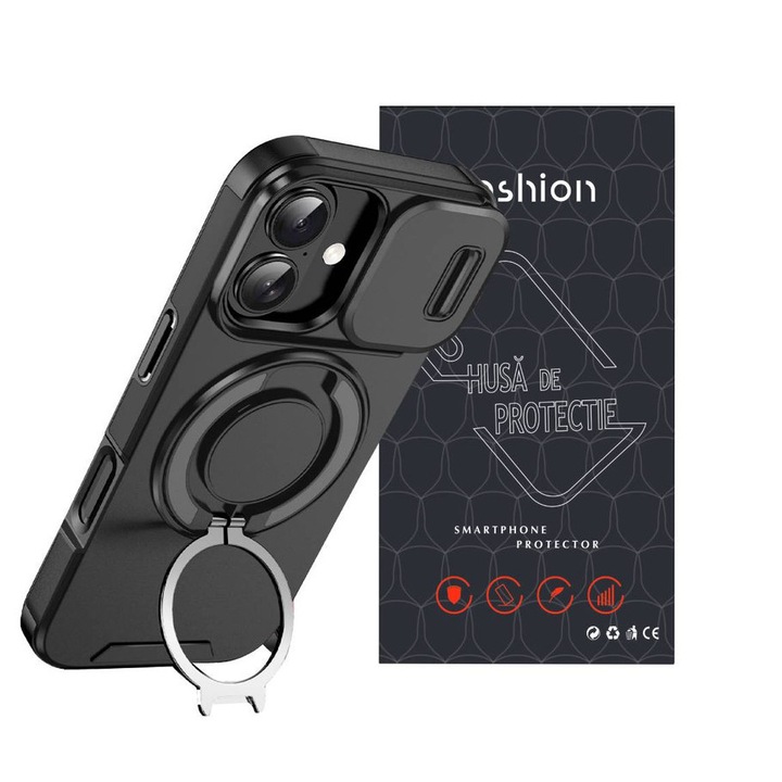 Husa de Protectie, Compatibila Apple iPhone 17, YSBER®, protectie camera, Rezistent la socuri, Rezistent la zgarieturi, Suport, Magnetica, Negru