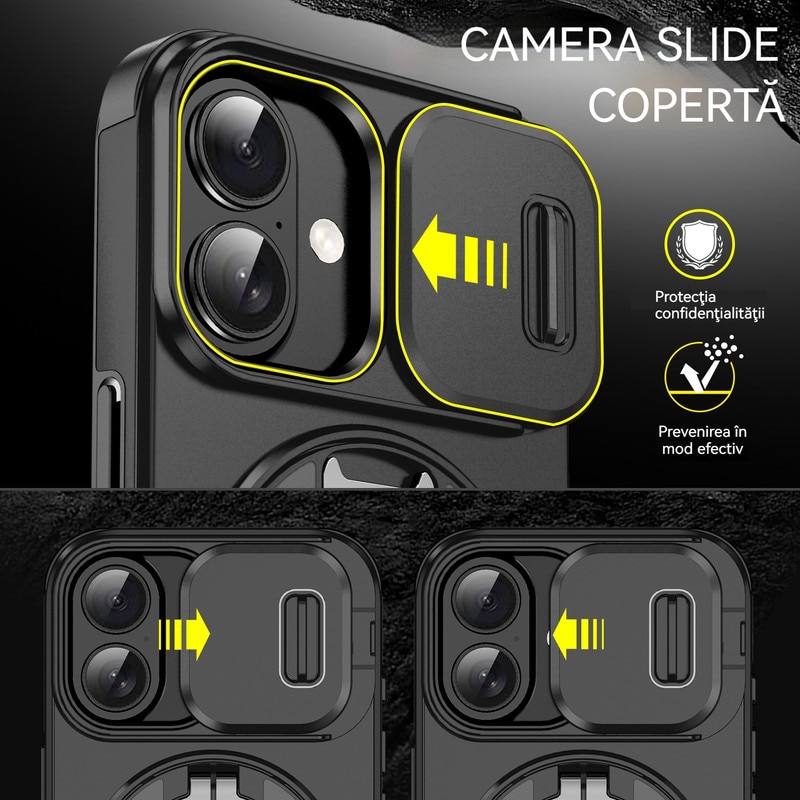 Husa de Protectie, Compatibila Apple iPhone 17, YSBER®, protectie camera, Rezistent la socuri, Rezistent la zgarieturi, Suport, Magnetica, Negru