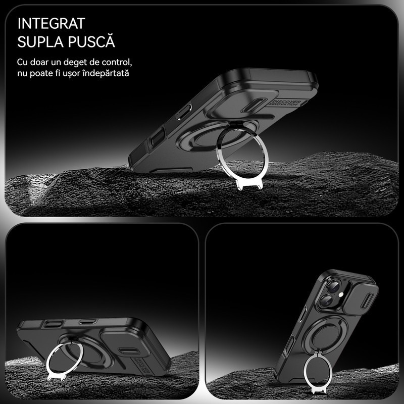 Husa de Protectie, Compatibila Apple iPhone 17, YSBER®, protectie camera, Rezistent la socuri, Rezistent la zgarieturi, Suport, Magnetica, Negru