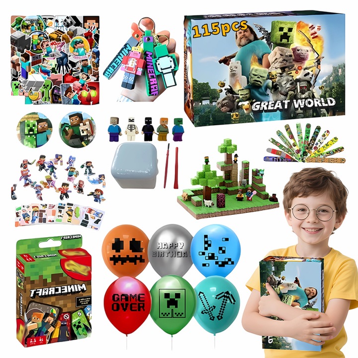 Set Minecraft Deluxe cu 115 piese, petrecere de ziua copiilor, cadouri decorative tematice, set de jucarii creative, materiale ecologice, cadou festiv, include decoratiuni, jocuri si jucarii, multicolor