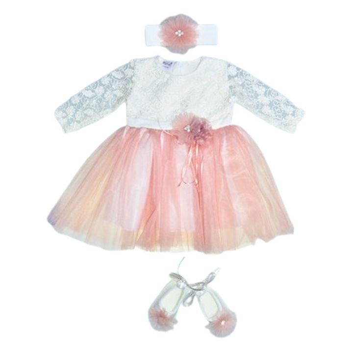 Elegáns 3 részes ruhaszett lányoknak keresztelőre, Mini Junior 3669-56-62, Rózsaszín 56-62 CM