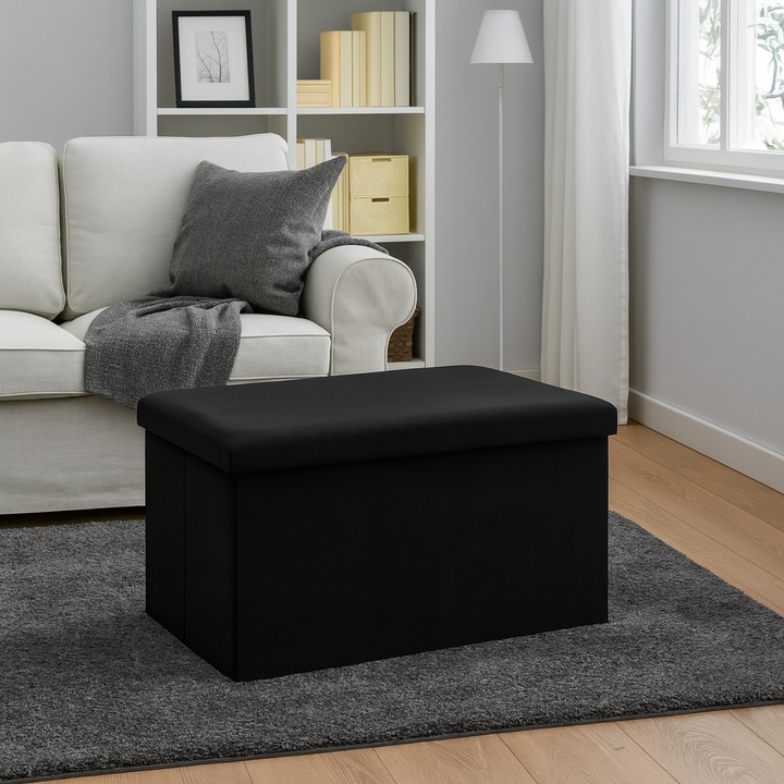 Сгъваема табуретка с място за съхранение, Zola, капацитет 54 л, 60 x 30 x 30 см, максимално поддържано тегло 80 кг, водоустойчива, MDF, кадифе, черна