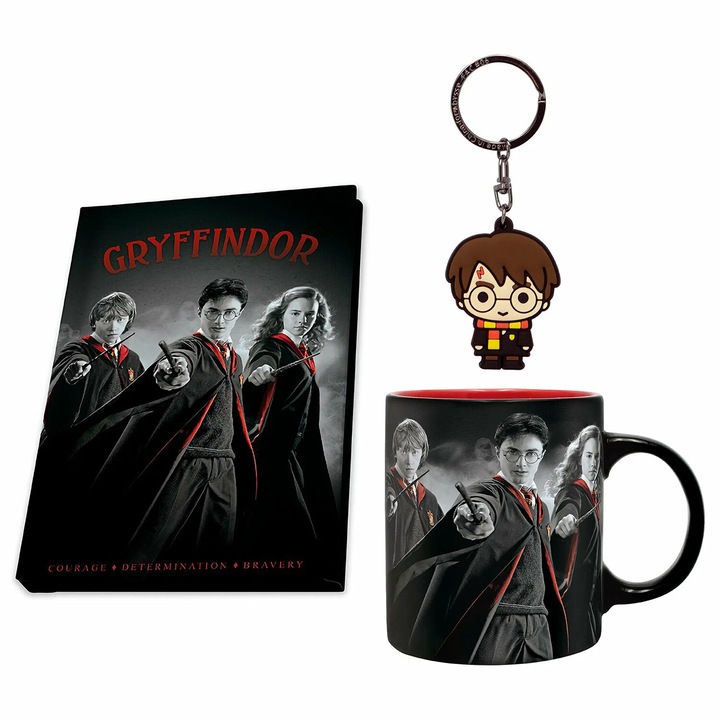 HARRY POTTER, Комплект чаша 320 мл, Ключодържател, Тетрадка "Harry Ron Hermione"