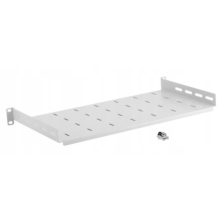 1U fém polc, Euro-Box, 19", 250 mm, szürke, szerelőkészlet mellékelve