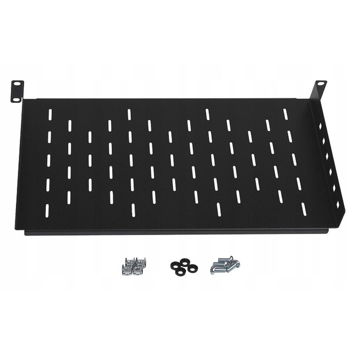 Fém rack Euro-Box 19'' 1U 350mm perforált, fekete, szerelőkészlettel együtt