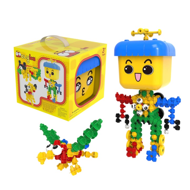 Set de constructie Molyka Yellow Box, 158 elemente, culori variate, pentru copii de la 3 ani