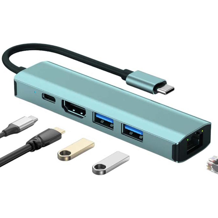 HUB адаптер USB-C, 5 в 1, 1x Ethernet RJ45, 1x USB 3.0, 1x USB 2.0, HDMI 2.0/30Hz, 1x USB-C порт за зареждане