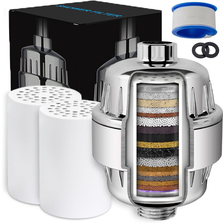 Филтър за вода за душ с 20 степени на филтриране, премахване на хлор, тежки метали, примеси, против котлен камък, интензивна хидратация за кожата и косата, с 2 включени филтъра, сребрист