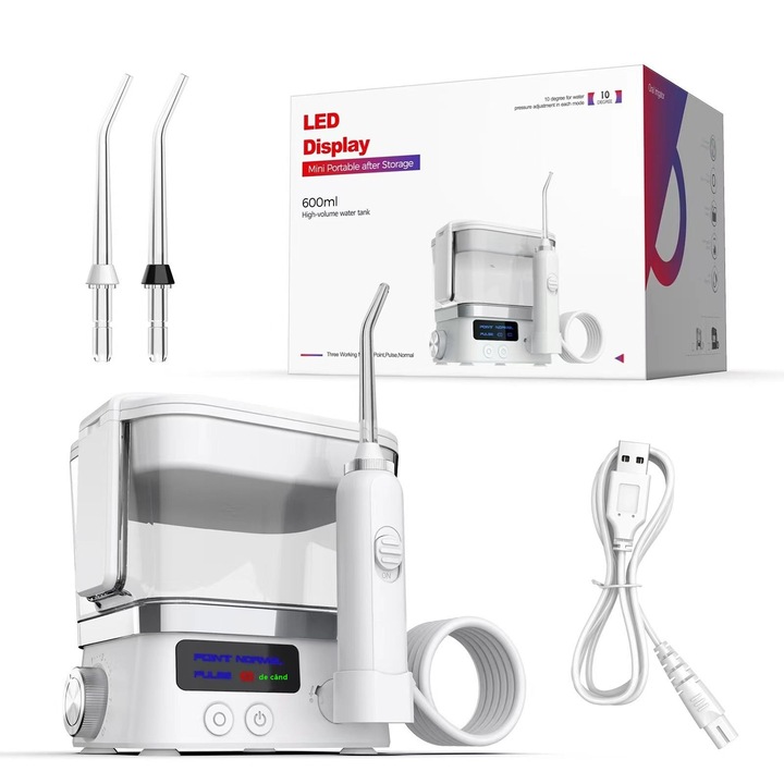 Irigator Bucal, rezervor de apa de mare capacitate de 600 ml, 5 Moduri, Duze Multiple, curatare prin rotatie la 360 °, impermeabil IPX7, ingrijire la domiciliu esentiala, cadou perfect