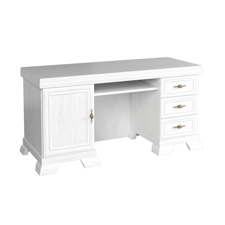 Birou Kora KB, 3 sertare, dulap, alb cu textura de lemn, 140x60cm