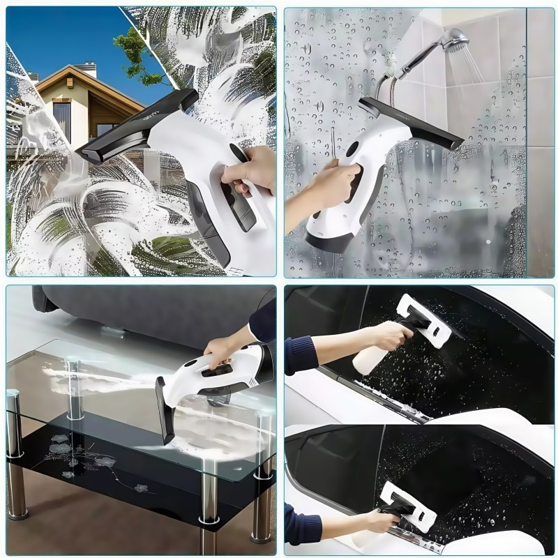 Aspirator pentru geamuri Omelivon®, masina de curatat geamuri cu sticla pulverizatoare multifunctionala si carpa din microfibra, unealta electrica de curatat geamuri, oglinzi si blaturi de lucru, eficienta maxima 300 m², autonomie de 120 minute, alb/Negru