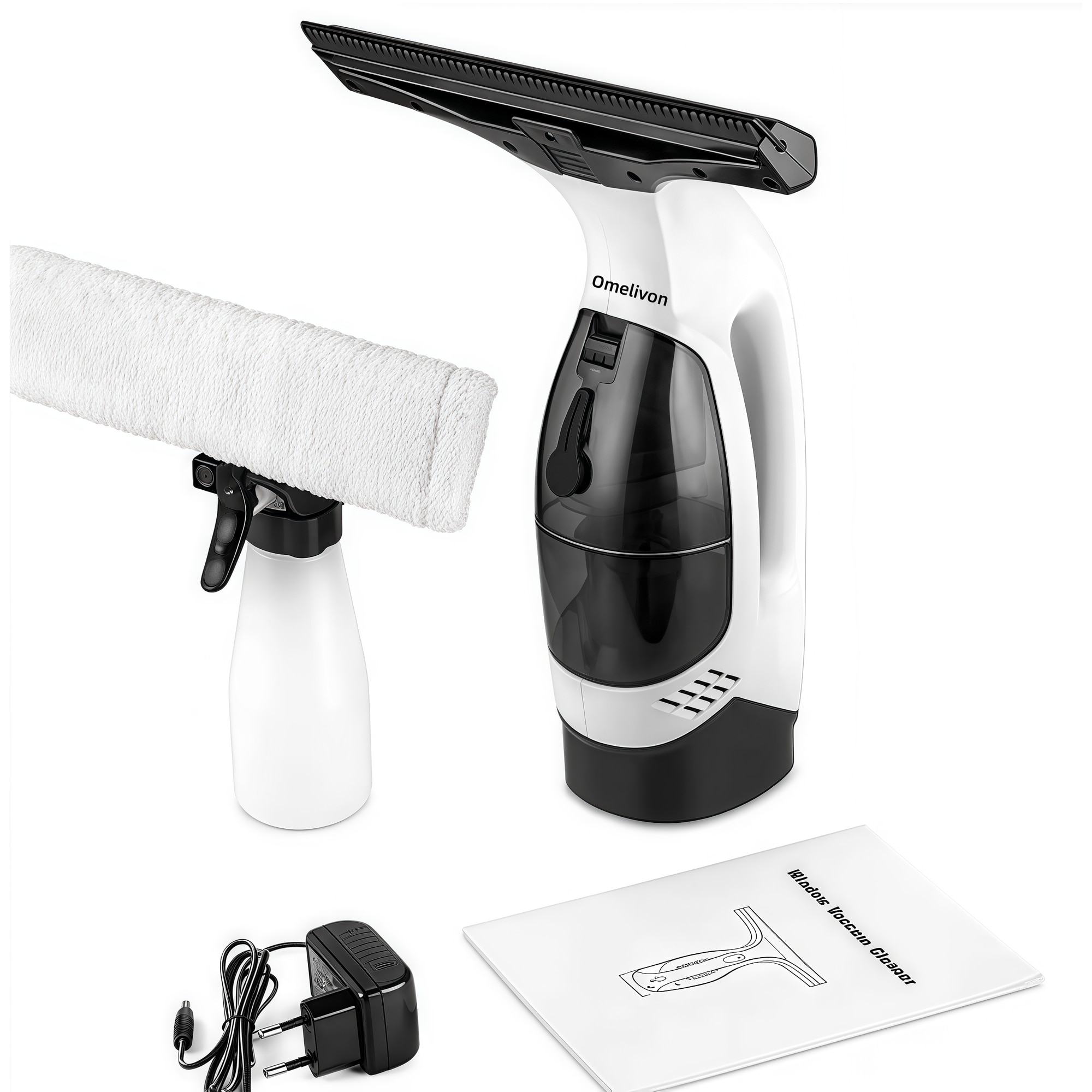 Aspirator pentru geamuri Omelivon®, masina de curatat geamuri cu sticla pulverizatoare multifunctionala si carpa din microfibra, unealta electrica de curatat geamuri, oglinzi si blaturi de lucru, eficienta maxima 300 m², autonomie de 120 minute, alb/Negru
