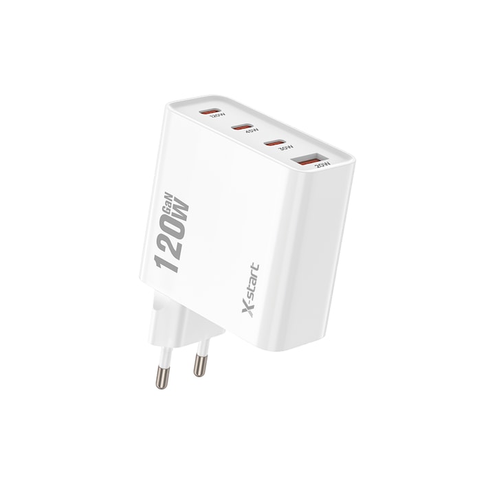 Incarcator GaN X-Start 120W, 3x USB-C + 1x USB-A, Fast Charge PD 3.0 + QC 3.0, Alb
