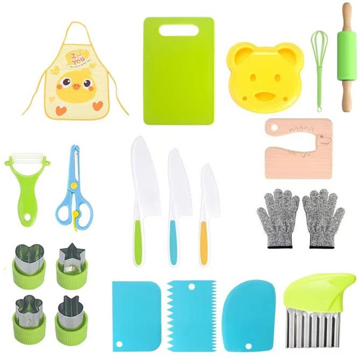 Комплект кухненски прибори за деца, детски дървени кухненски ножове, пластмасови за многократна употреба с безопасен дървен нож, пластмасови ножове с назъбени ръбове, точилка, белачка и вълнообразен нож за истинско готвене (21 броя)