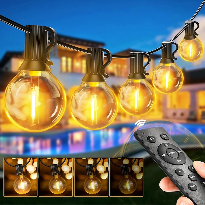 Декоративен LED гирлянда, светещ, 30м, 50+3 LED крушки G40 включени, удароустойчиви, устойчиви на счупване, водоустойчиви, с дистанционно управление, топла светлина 2700K, подходяща за Градина, Тераса, Веранда, Беседка