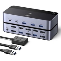 Switch KVM DP, Adaptor Hub pentru 2 computere si 2 monitoare, DisplayPort 8K60Hz, 4 porturi USB 3.0 5Gbps, USB-C, Buton Desktop Control, compatibil Windows/Linux/macOS