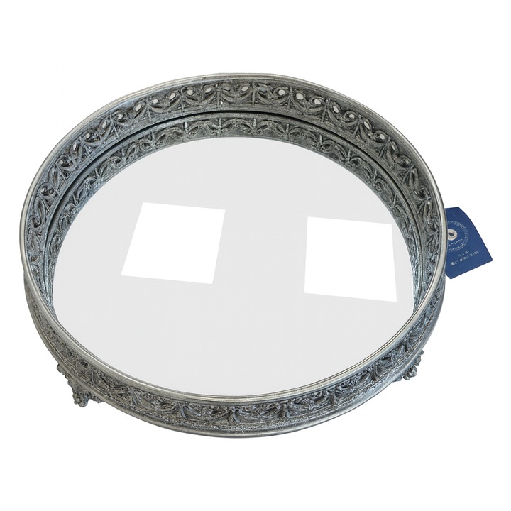 Tava decorativa rotunda cu oglinda si rama vintage argintie