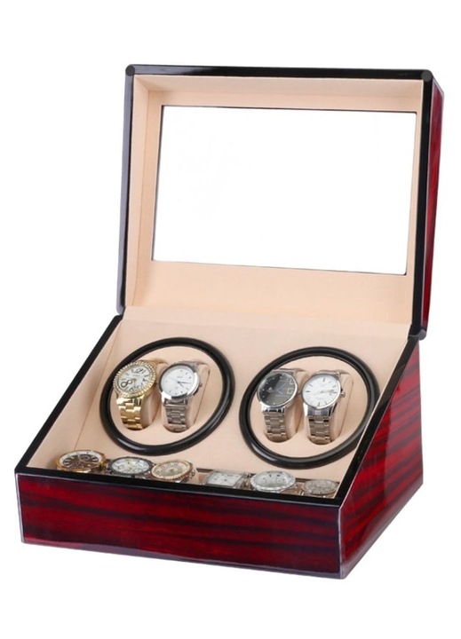 Кутия за Навиване на Часовници iUni, Watch Winder 4 + 6 Места за Съхранение, Махагон-Крем