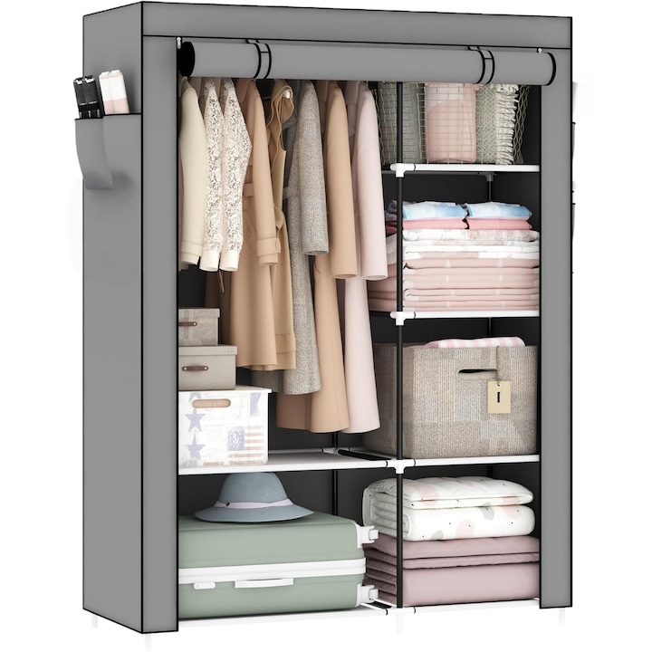 Dulap portabil Wacorresi, Dulap textil pliabil pentru imbracaminte cu 5 rafturi de depozitare, 1 sectiuni pentru umerase, Pentru Haine si Incaltaminte, usor si usor de asamblat, 105x45x168cm, Gri