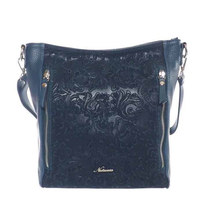 Geantă de damă, verde, piele, 26 x 30 x 11 cm