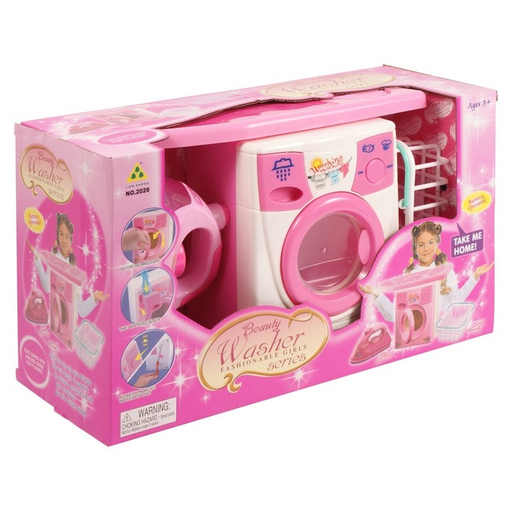 Set accesorii bucătărie copii, mașină de spălat cu coș, fier de călcat, roz, plastic