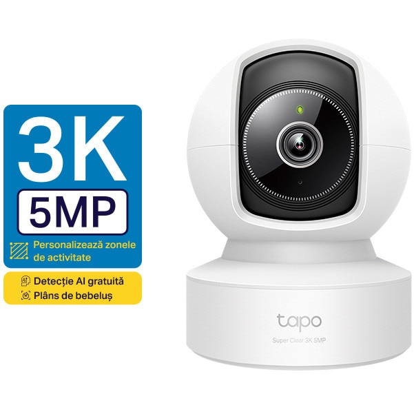 Camera de supraveghere Wireless TP-Link Tapo C232 cu Pan/Tilt 360 grade, 5MP 3K, Utilizare Baby Monitor, Night Vision avansat, Detectare Smart AI, Two-Way, Ethernet Port, ONVIF
