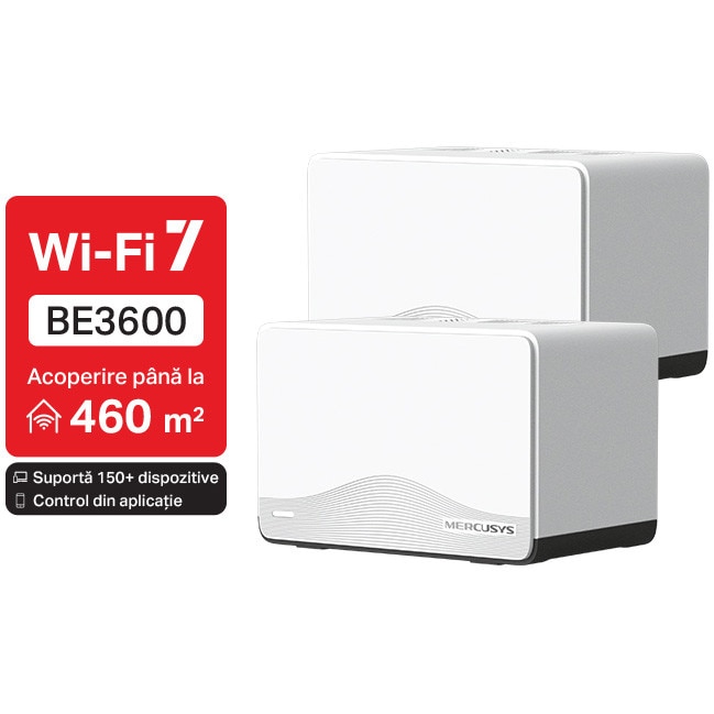 Sistem Mesh Wi-Fi Mercusys Halo H27BE(2-pack), BE3600, Dual-Band, Wi-Fi 7, MLO, 1 x 2.5 Gbps port + 2 x 1 Gbps port, cu acoperire completa pentru casa