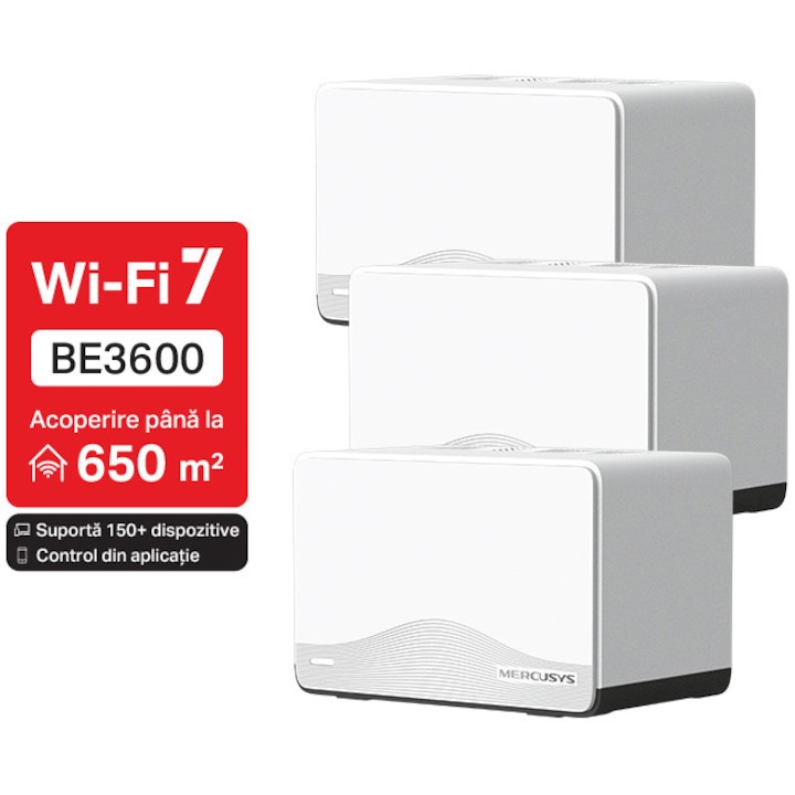 Система Mesh Wi-Fi Mercusys Halo H27BE(3-pack), BE3600, Dual-Band, Wi-Fi 7, MLO, 1 x 2.5 Gbps порт + 2 x 1 Gbps порт, С пълно покритие за дома
