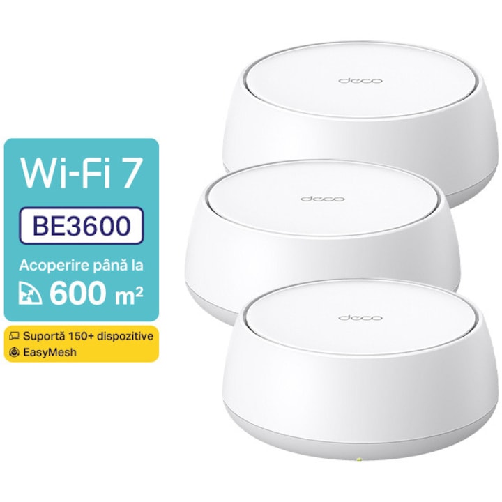 Sistem Mesh Wi-Fi TP-Link Deco BE22(3-pack), BE3600, Dual-Band, Wi-Fi 7, MLO, HomeShield, cu acoperire pentru intreaga casa