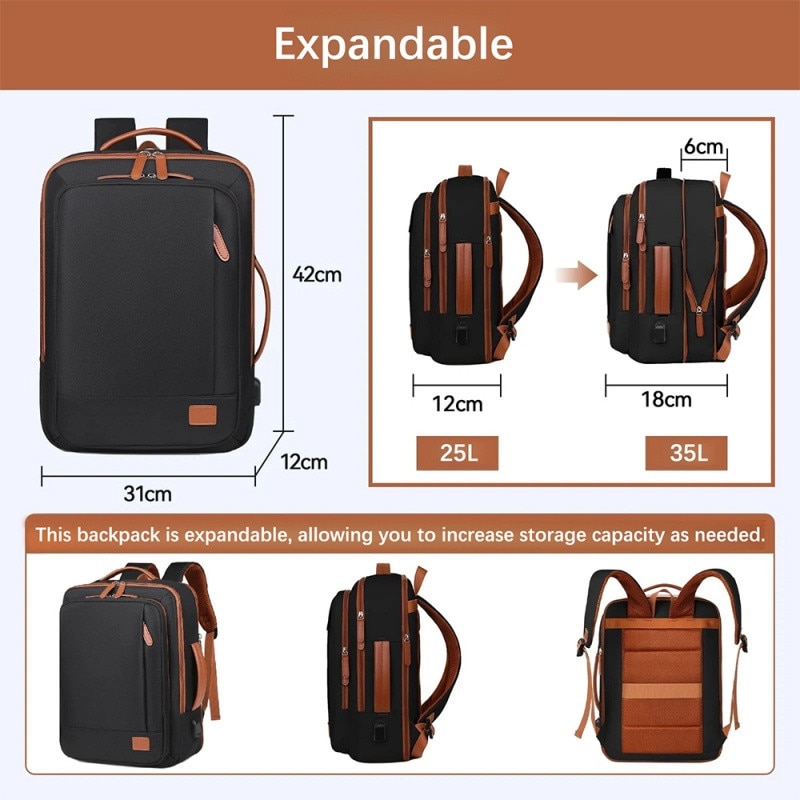 Rucsac versatil cu compartimente extensibile, rezistent la apa si zgarieturi, port de incarcare USB, business/calatorii/timp liber, compatibil cu laptopuri de 15,6 inch, 42 x 31 cm, negru