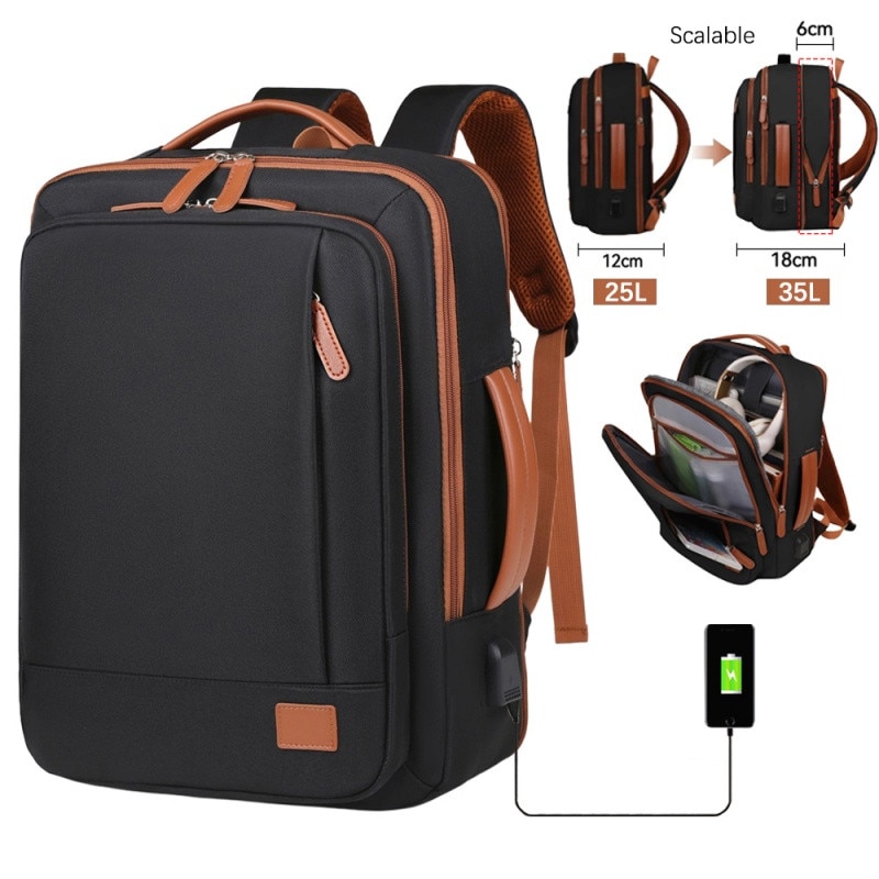 Rucsac versatil cu compartimente extensibile, rezistent la apa si zgarieturi, port de incarcare USB, business/calatorii/timp liber, compatibil cu laptopuri de 15,6 inch, 42 x 31 cm, negru