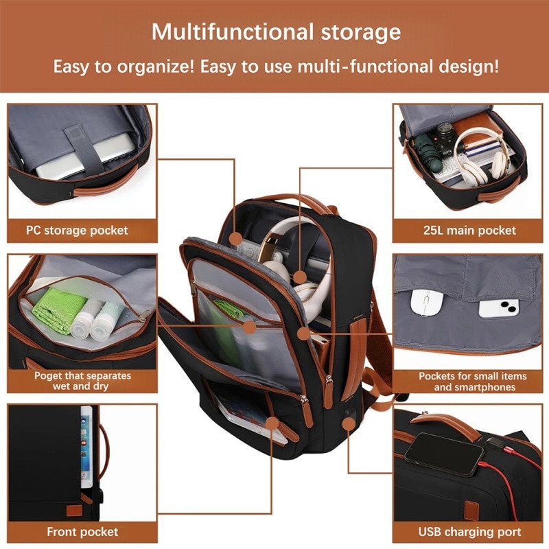 Rucsac versatil cu compartimente extensibile, rezistent la apa si zgarieturi, port de incarcare USB, business/calatorii/timp liber, compatibil cu laptopuri de 15,6 inch, 42 x 31 cm, negru