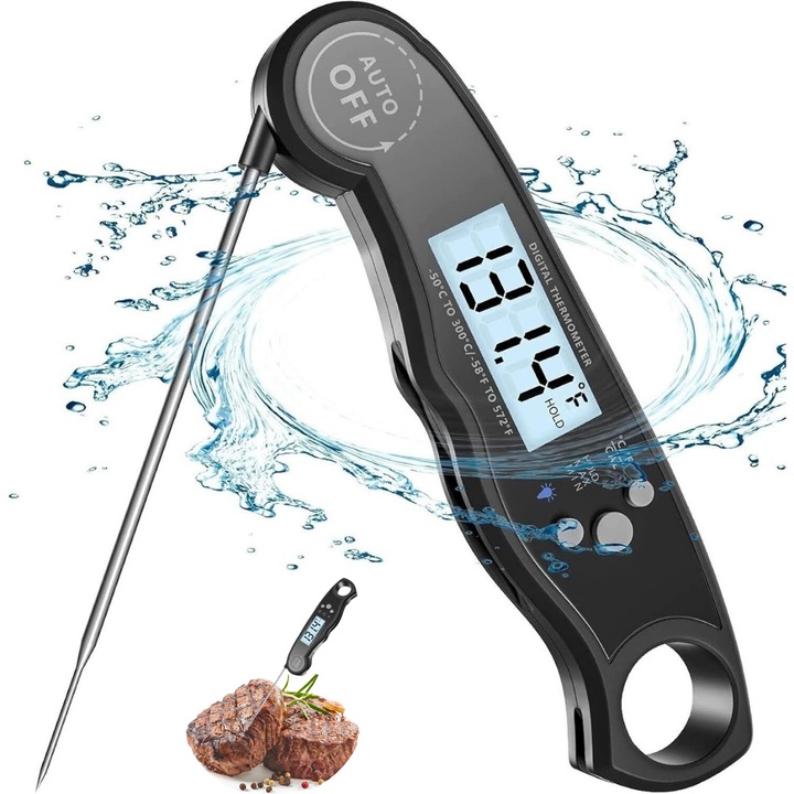 Дигитален термометър за храна, Dasbo®, водоустойчив IP67, сгъваема сонда от неръждаема стомана 11,4 см, голям осветен LCD дисплей, моментално отчитане 2-3 секунди, широк диапазон от -50°C до 300°C, идеален за кухня, месо, скара, чай, мляко и напитки