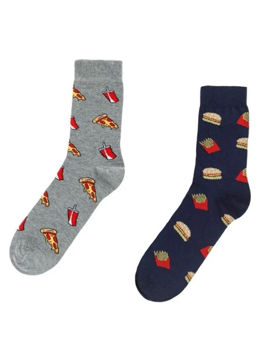 Set 2 Perechi Sosete de Iarna Barbati Albastre si Gri, Model Fancy Pizza & Burger