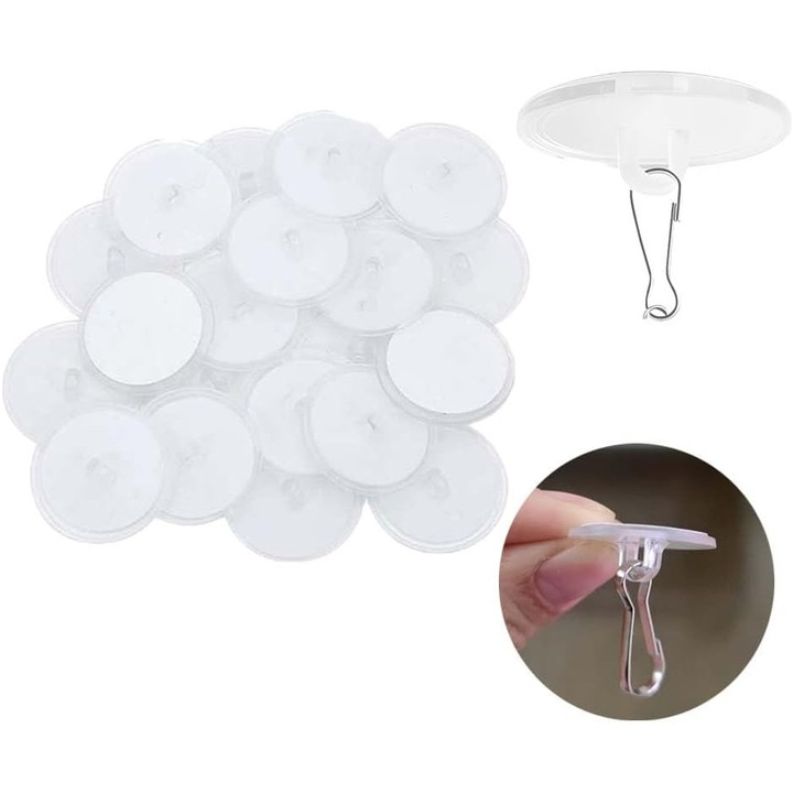 Set 40 Carlige de perete/tavan cu talpa adeziva 2x2cm si clema pentru: Instalatii luminoase, ghirlande aniversare, baloane, promotionale, altele