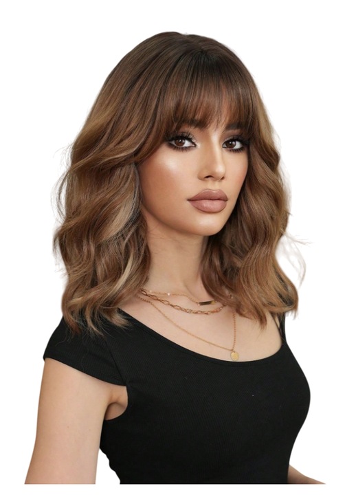 Дамска перука, средно дълга вълниста коса, с бретон, имитира естествена коса, 40 см, цвят шоколадово кестеняво с кичури, theCasius.®