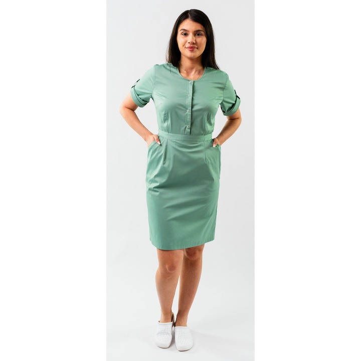 Sarafan medical Carla, guler rotund, inchidere cu capse, culoare verde jad, marime 2XL