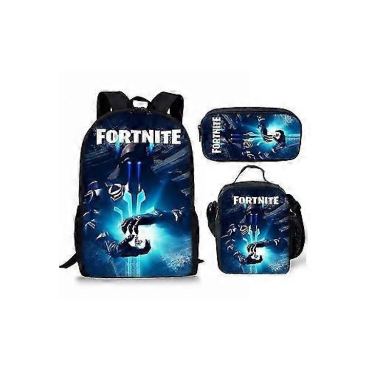 Ghiozdan scolar Fortnite, set 3 piese, albastru/negru