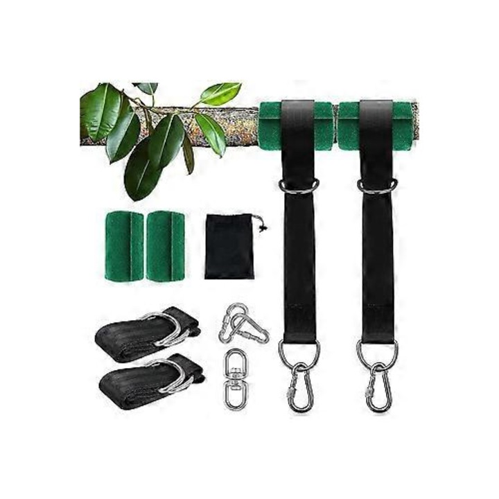 Kit curele suspendare leagan copac 2x5ft, accesorii pentru leagan, carabiniere, protectii pentru copaci, carlig rotativ