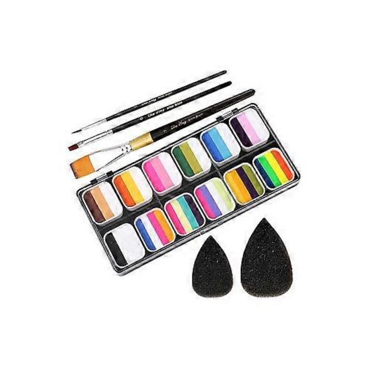 Arc- és testfesték készlet, 12 szín, 3 ecsettel és 2 szivaccsal