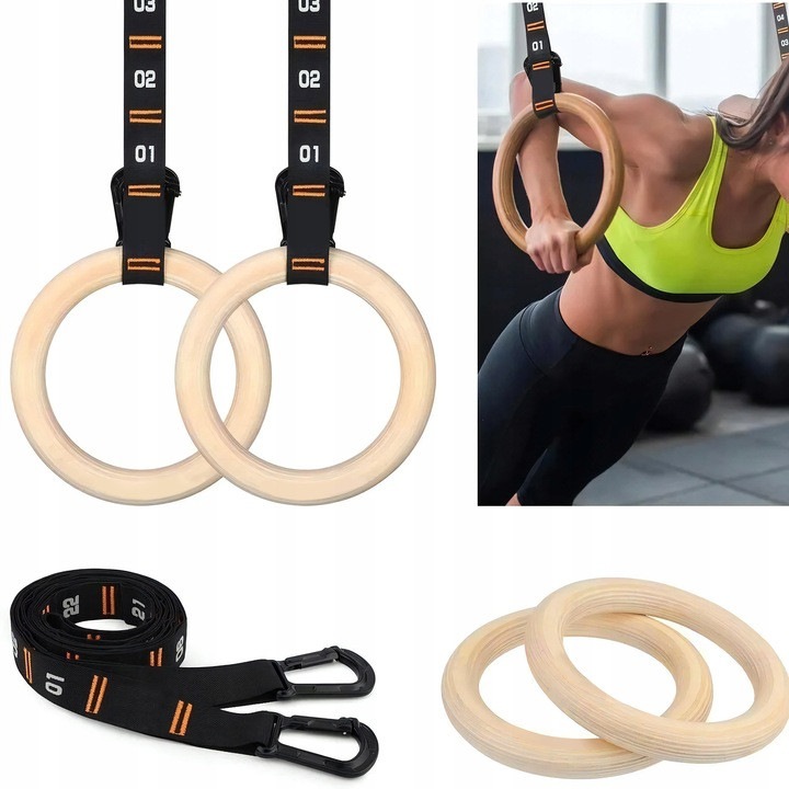 Set 2 inele de gimnastica din lemn, Zola, diametru 17 cm, 2 curele reglabile 240 cm, 2 benzi antiderapante, crem/negru