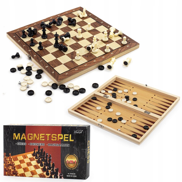 Set de jocuri 3 in 1, Premium, Sah, Dame, Table, 34 x 34 cm, 32 de piese de sah magnetice, 30 de piese de dame si table, 2 zaruri, Multicolor, Setul include: tabla, piese, zaruri, Material: lemn, plastic, Greutate: 650 g, Inaltimea piesei: 0, 5 - 5 cm