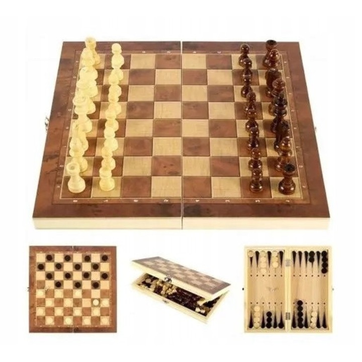 Sakk készlet, klasszikus, 35x35 cm, 16 krémszínű figura, 16 barna figura, 15 krémszínű bábu, 15 fekete bábu, 2 dobókocka, a készlet tartalma: 35x35 cm-es összecsukható fa tábla, 16 sakkfigura, 15 dámajáték bábu, 2 dobókocka, fa, tábla mérete 35x35