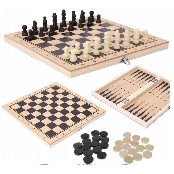 Set de sah, Clasic, 29x29 cm, 16 piese albe si 16 negre, 15 dame albe si 15 negre, 2 zaruri, Culoare: multicolor, Setul include: tabla de lemn pliabila 29x29 cm, Material: lemn, Incuietoare pentru depozitare usoara, Dezvolta abilitatile logice, Imbunatate