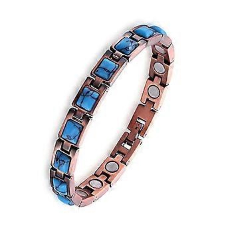 Bratara magnetica din cupru pentru femei, set cu bratara si inele, dimensiune ajustabila, bronz/albastru