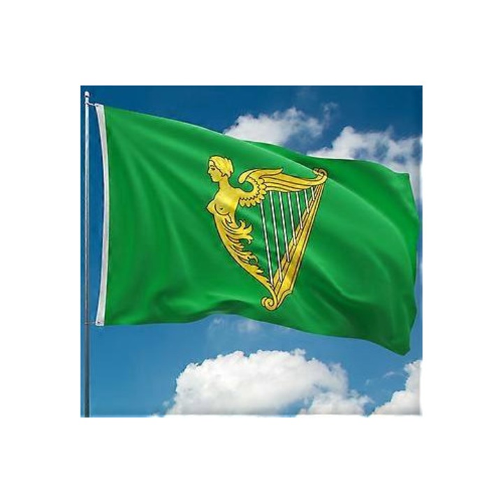 Steag Irlanda cu Stema si Harpa, tricolor, 100% poliester, 2 ochiuri