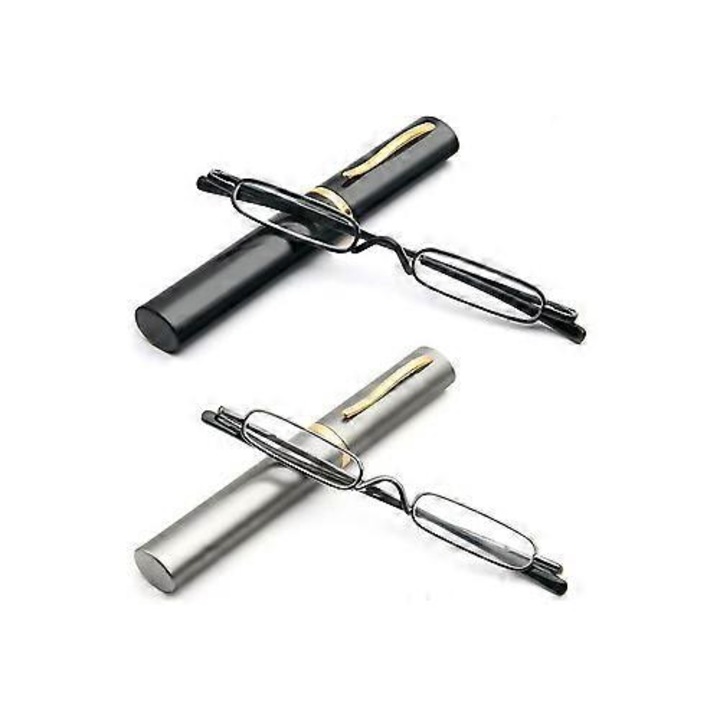 Ochelari de citit mini, set 2 bucati, metal, compact, cu carcasa portabila
